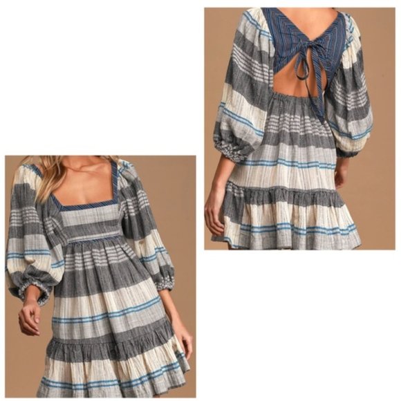 FREE PEOPLE - All Lined Up Blue Puff Sleeve Multi Striped Mini Dress - XS - Picture 3 of 3